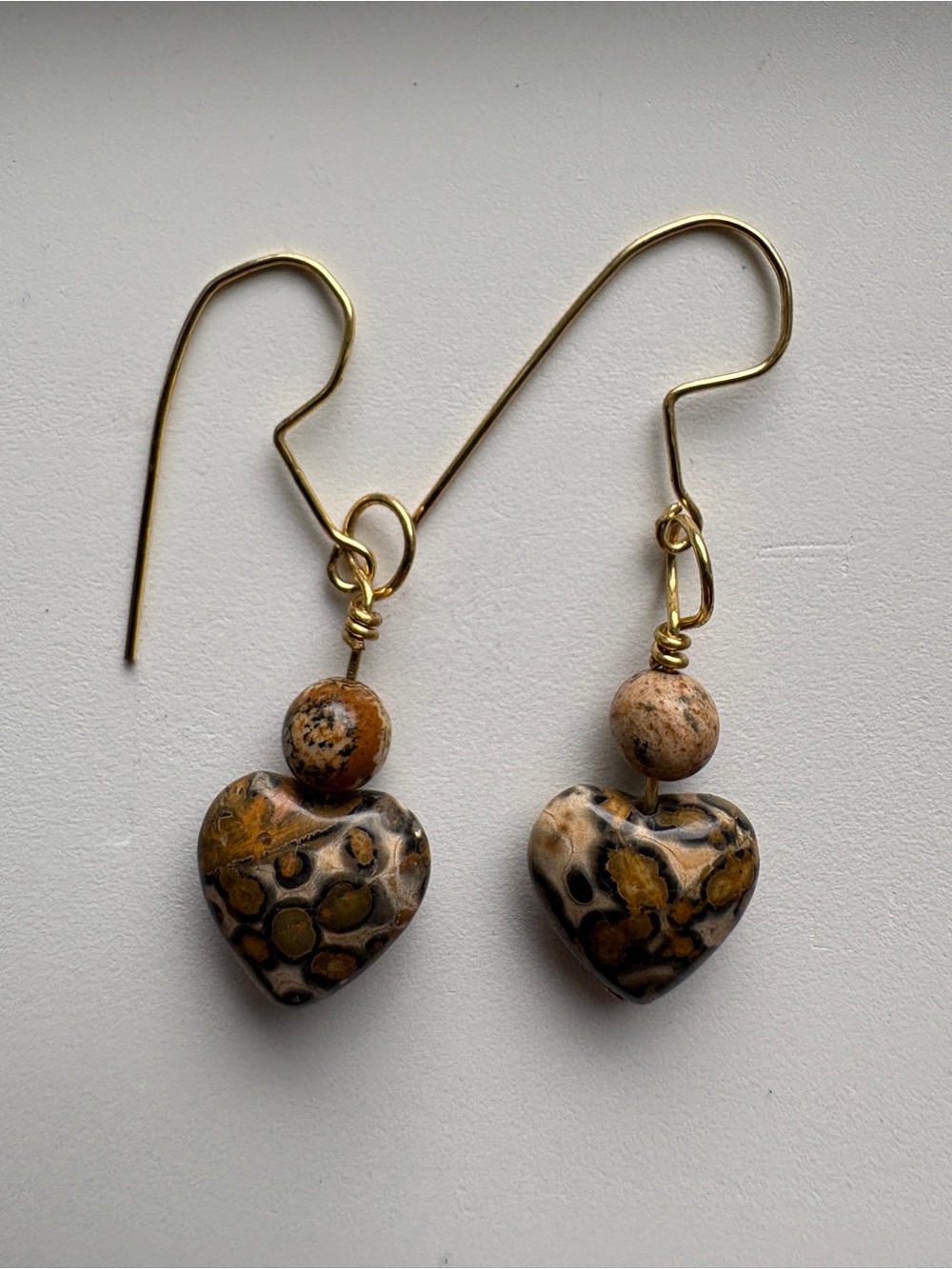 Artisan Hand Crafted 18k Gold Plated Leopard Jasper Heart Earrings